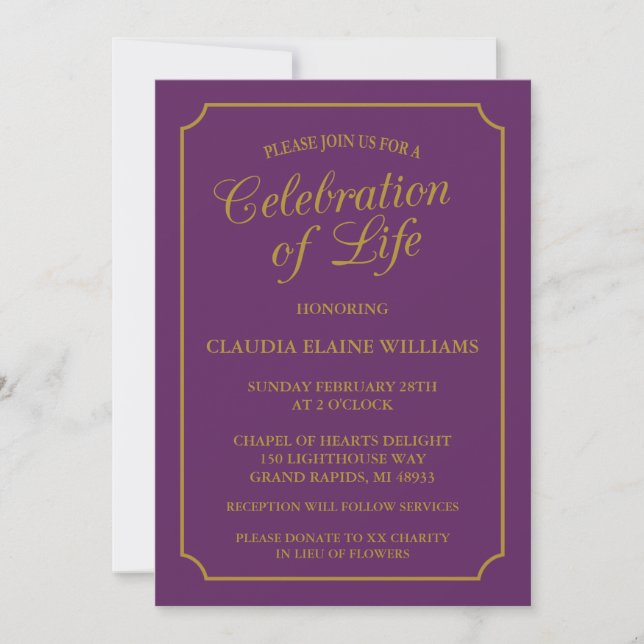 CELEBRACIÓN ELEGANTE DE LA INVITACIÓN FUNERAL DE L (Anverso)
