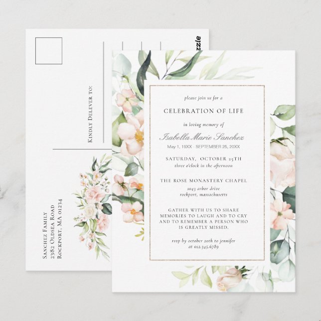 Celebración floral rosada de la postal funeral de  (Anverso / Reverso)