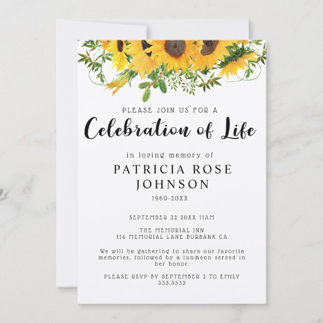 Celebración funeral de girasol de la Invitación de (Anverso)