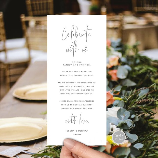 Celebrar con nosotros, lugar establecer tarjeta de (Celebrate With Us, Place Setting Thank you Card, in Dark Grey Modern Handwriting Script Themed)