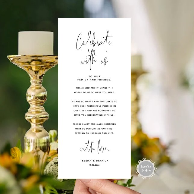 Celebrar con nosotros, lugar establecer tarjeta de (Celebrate With Us, Place Setting Thank you Card, in Black and White Modern Handwriting Script Themed)