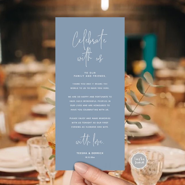 Celebrar con nosotros, lugar establecer tarjeta de (Celebrate With Us, Place Setting Thank you Card, in  Modern Handwriting Script Dusty Blue Themed)