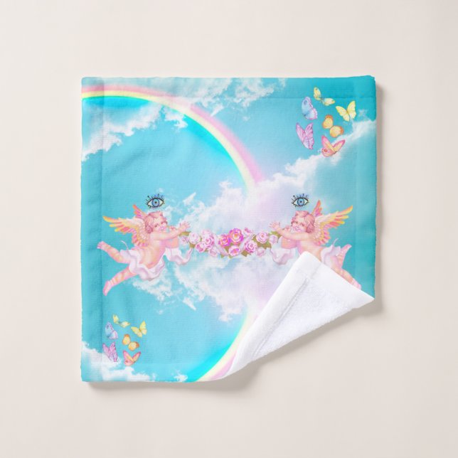 celeste, cherub, ángel, arco iris, nube, baño (Toallita)