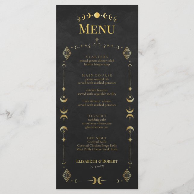 Celestial Gothic Black and Gold Wedding Menu Card (Anverso)