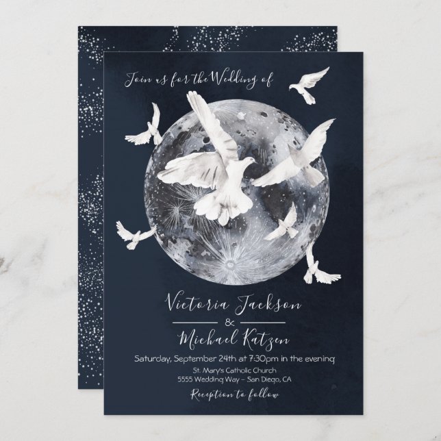 Celestial Luna Llena con palomas Invitaciones de b (Anverso / Reverso)