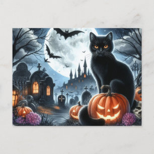 Cementerio de Halloween con postal para gato negro