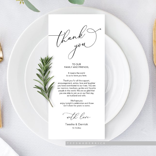 Cena boda, Posición de configuración Tarjeta de ag (Wedding Dinner or Elopement Brunch Place Setting Thank You Card, In Modern Classy Romantic themed)