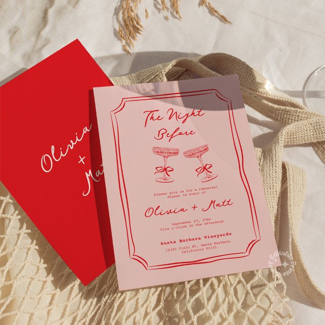 Cena de Ensayo de Boda Manuscrita en Rojo y Rosa (whimsical rehearsal dinner cocktails drinks wedding invite)