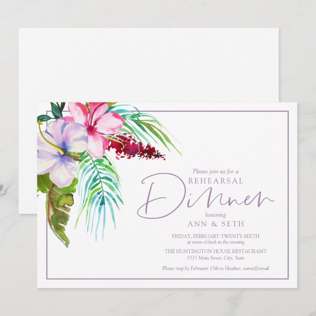 Cena de ensayo Invitación tropical floral (Anverso / Reverso)