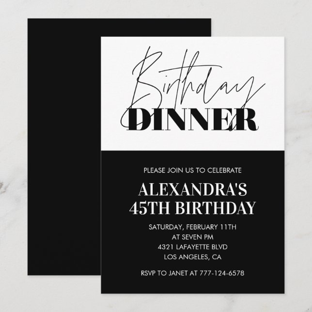 Cena de invitaciones de 45 años en blanco y negro (Anverso / Reverso)