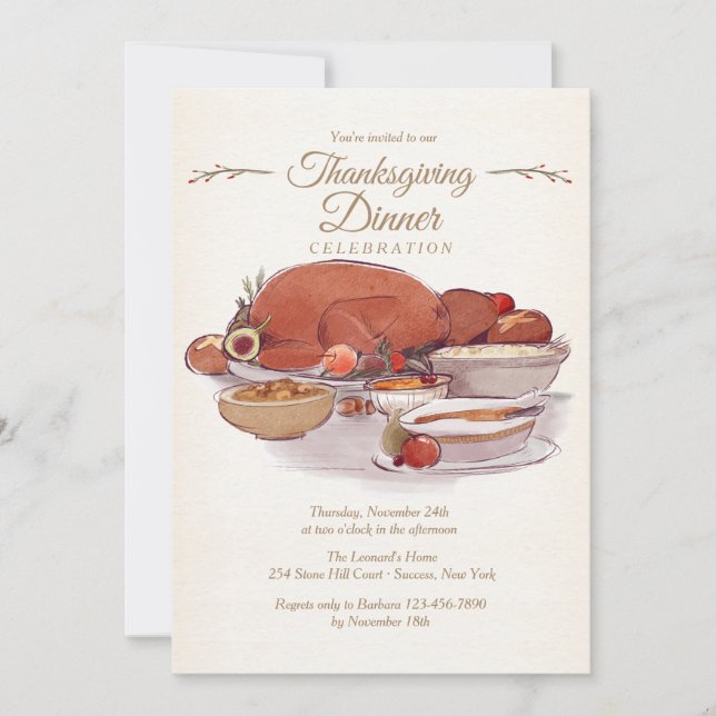 Cena de Pavo en Acuarela Invitación (Anverso)