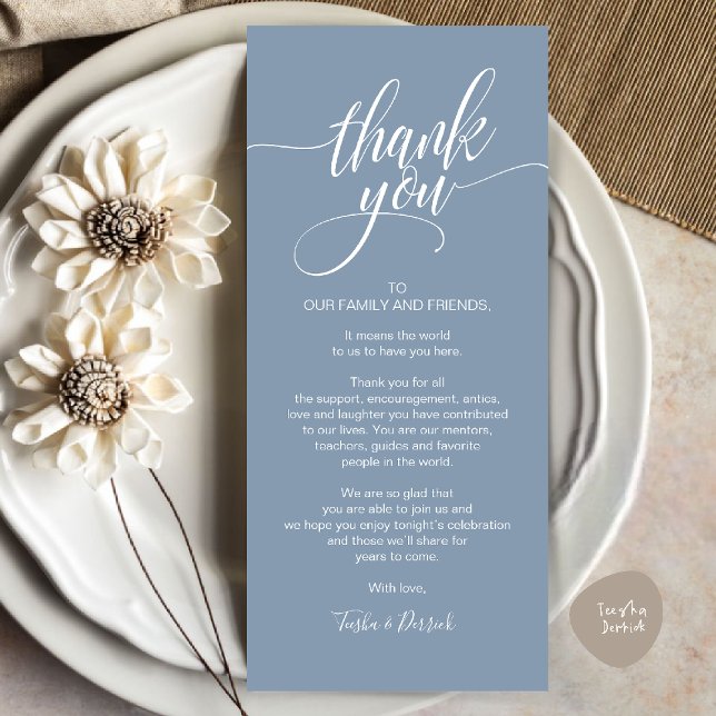 Cena ensayada Gracias por colocar tarjeta de confi (Rehearsal Dinner Thank you Place Setting Card in Dusty Blue)