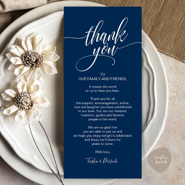 Cena ensayada Gracias por colocar tarjeta de confi (Rehearsal Dinner Thank you Place Setting Card in Navy Blue)