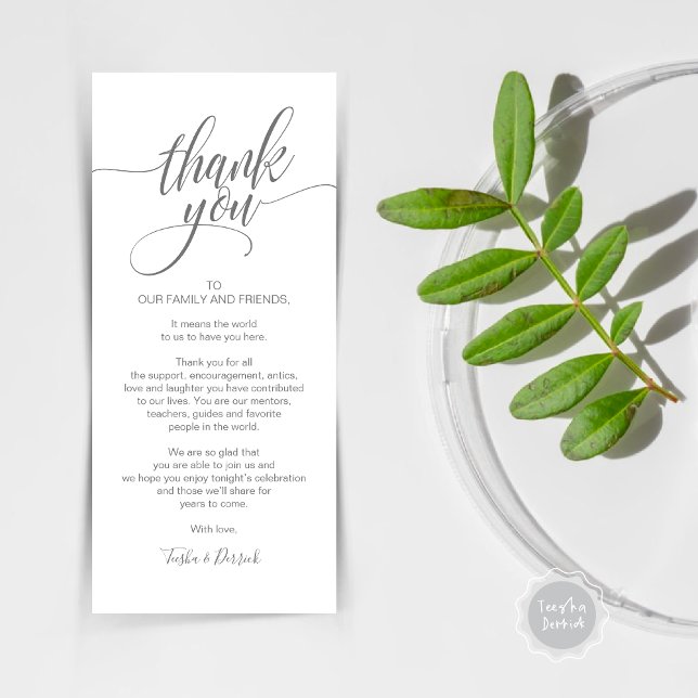 Cena ensayada Gracias por colocar tarjeta de confi (Rehearsal Dinner Wedding Brunch Celebration, Place Setting Thank You Card, in dark grey)