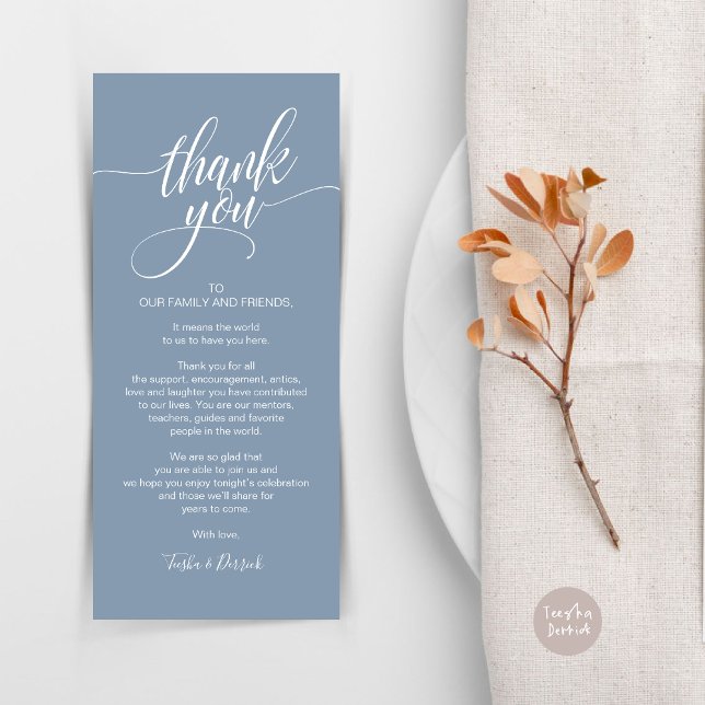 Cena ensayada Gracias por colocar tarjeta de confi (Rehearsal Dinner Wedding Brunch Celebration, Place Setting Thank You Card, in Dusty Blue)
