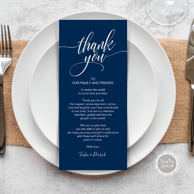 Cena ensayada Gracias por colocar tarjeta de confi (Wedding Dinner Place Setting Thank You Card, Modern Classy Elegant Script, Navy Blue)