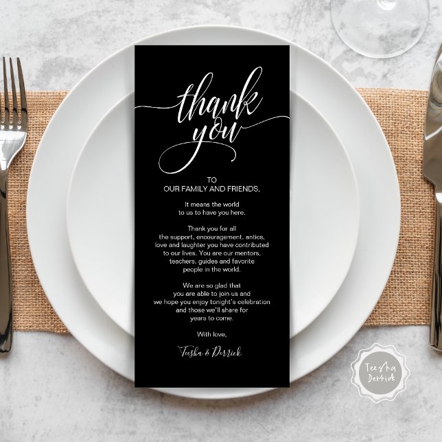 Cena ensayada Gracias por colocar tarjeta de confi (Wedding Dinner Place Setting Thank You Card, Modern Classy Elegant Script, Classy Black)