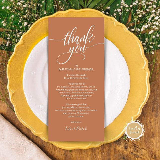 Cena ensayada Gracias por colocar tarjeta de confi (Wedding Dinner Place Setting Thank You Card, Modern Classy Elegant Script, in Copper themed)