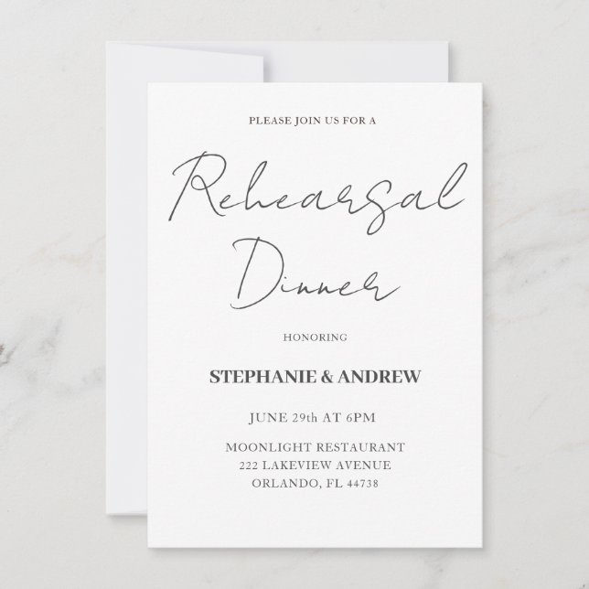Cena ensayada Invitación a la boda blanca y negra (Anverso)
