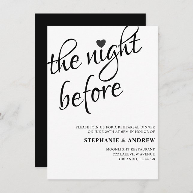 Cena ensayada Invitación a la boda blanca y negra (Anverso / Reverso)
