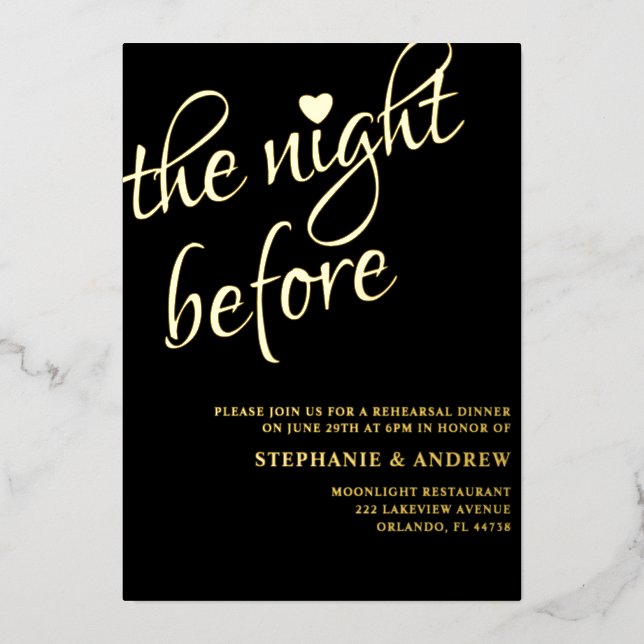 Cena ensayada Invitación a la Boda Negra y Oro (Anverso)