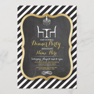 Cena Fiesta Stripe Gold Invitación de cumpleaños