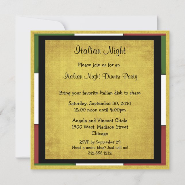 Cena italiana Invitación a cena tamaño cuadrado (Anverso)