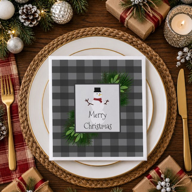 Cena Servilleta de papel de cuadros de búfalo gris de m (Snowman Gray Buffalo Plaid Paper Napkins)