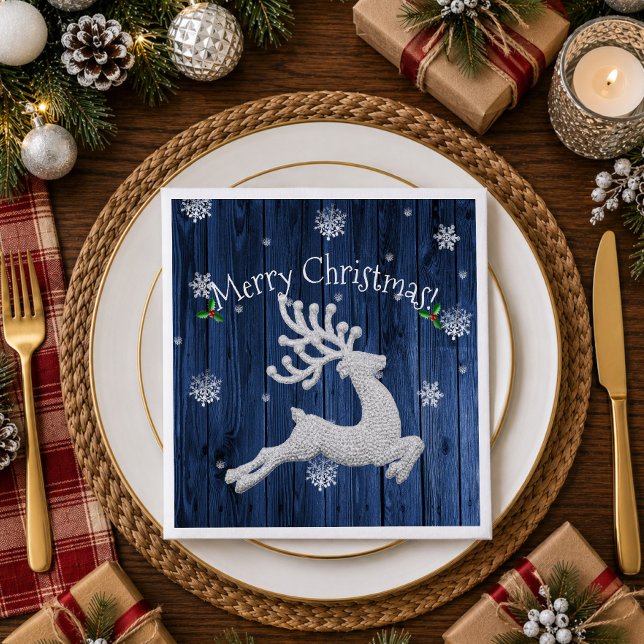 Cena Servilleta de papel Reno azul rústico de Navidad (Blue Rustic Christmas Reindeer Paper Napkins)