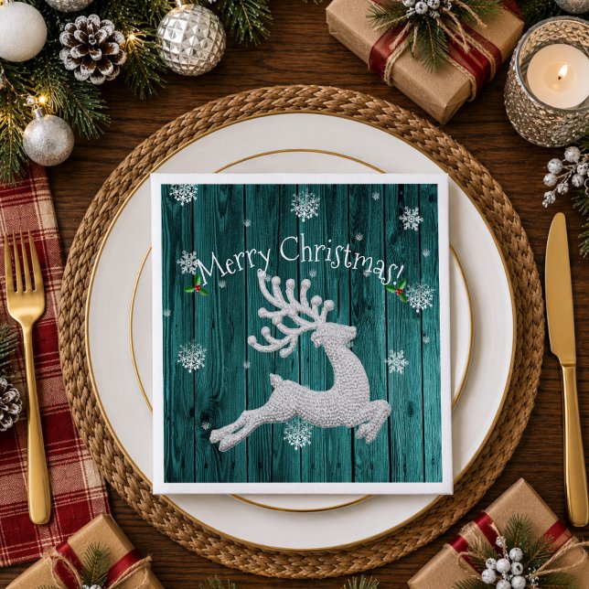 Cena Servilleta de papel Reno de Navidad rústica azul t (Teal Rustic Christmas Reindeer Paper Napkins)