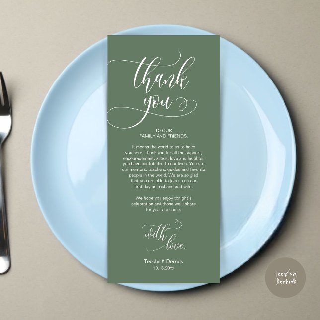 Cena Ubicación Gracias, Tarjeta De Guión Moderna (Wedding Dinner Place Setting Thank You Card, Plate Decoration, Modern Script, in Sage Green)