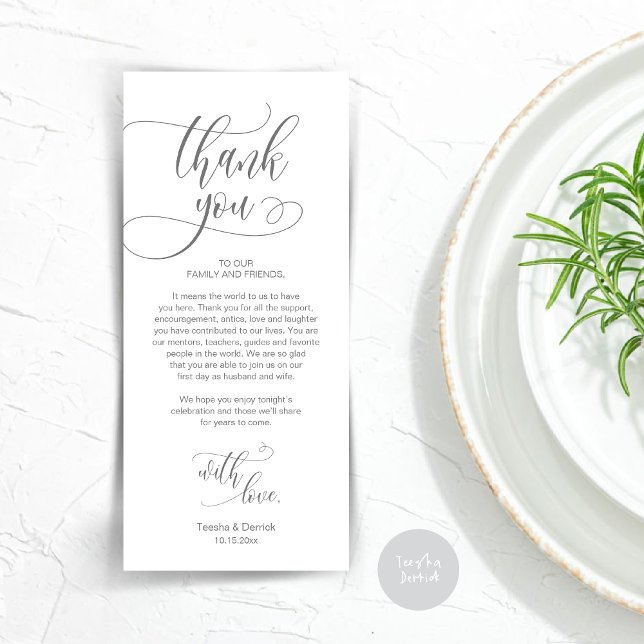 Cena Ubicación Gracias, Tarjeta De Guión Moderna (Wedding Dinner Place Setting Thank You Card, Plate Decoration, Modern Script, in Dark Grey)