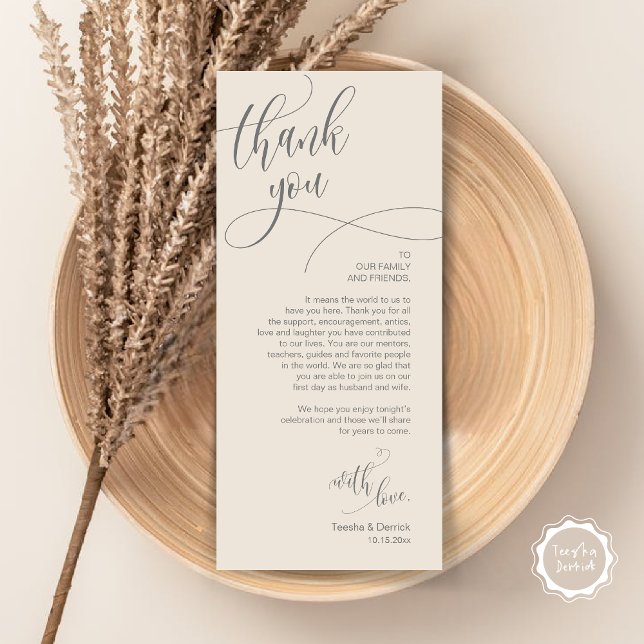 Cena Ubicación Gracias, Tarjeta De Guión Moderna (Wedding Dinner Place Setting Thank You Card, Plate Decor, Modern Calligraphy, in Cream Grey)