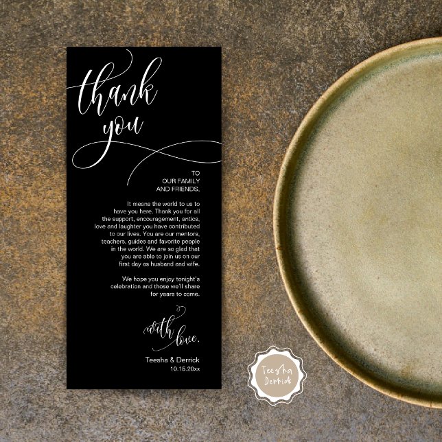 Cena Ubicación Gracias, Tarjeta De Guión Moderna (Wedding Dinner Place Setting Thank You Card, Plate Decor, Modern Calligraphy, in Elegant Black)