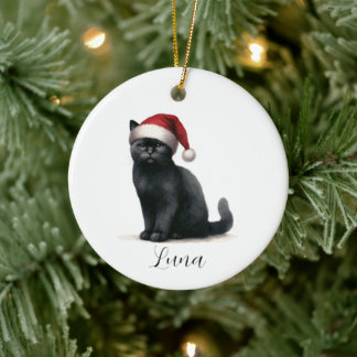 Cerámica Acuarela Gato negro en el adorno festivo de Santa 