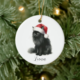 Cerámica Acuarela Gato negro en el adorno festivo de Santa