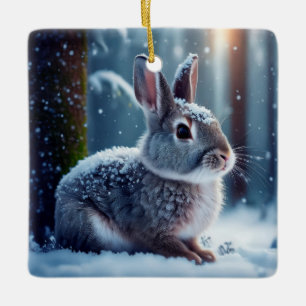 Cerámica Adorable conejo en bosque cubierto de nieve adorno