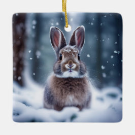 Cerámica Adorable conejo en bosque cubierto de nieve adorno