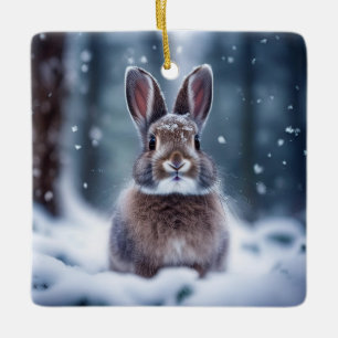 Cerámica Adorable conejo en bosque cubierto de nieve adorno