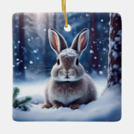 Cerámica Adorable conejo en bosque cubierto de nieve adorno