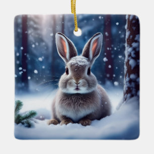 Cerámica Adorable conejo en bosque cubierto de nieve adorno