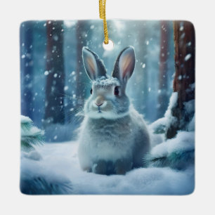 Cerámica Adorable conejo en bosque cubierto de nieve adorno
