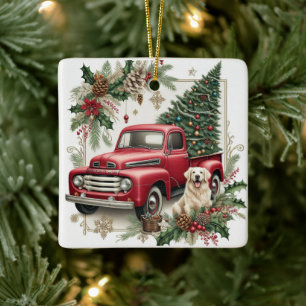 Cerámica Adorno de árbol de Navidad de camión rojo vintage