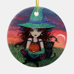 Cerámica Adorno de Bruja y Gato de Halloween