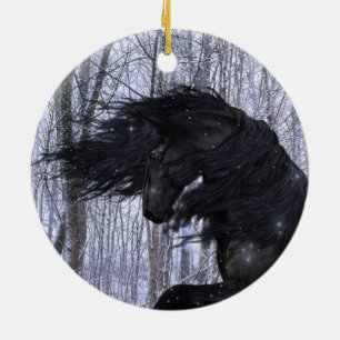 Cerámica Adorno de caballo frisón de paisaje invernal