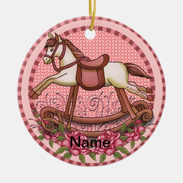 Cerámica Adorno de Caballo Mecedor de Rosas Rosadas (Frente)