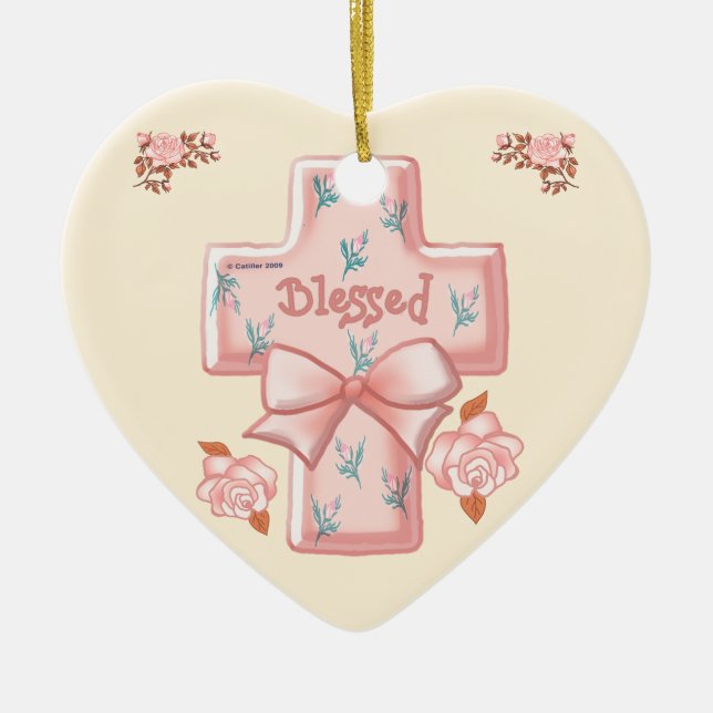 Cerámica Adorno de corazón con Cruz Cristiana Bendita Rosa (Frente)