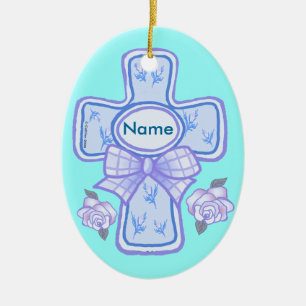 Cerámica Adorno de Cruz Cristiana con Lazo Azul