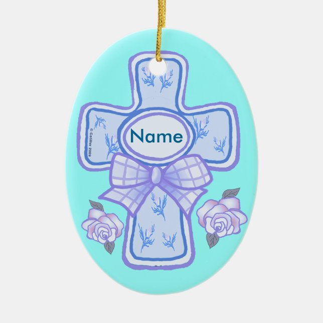 Cerámica Adorno de Cruz Cristiana con Lazo Azul (Frente)