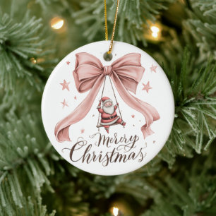Cerámica Adorno de Feliz Navidad Santa y Lazo Rosa